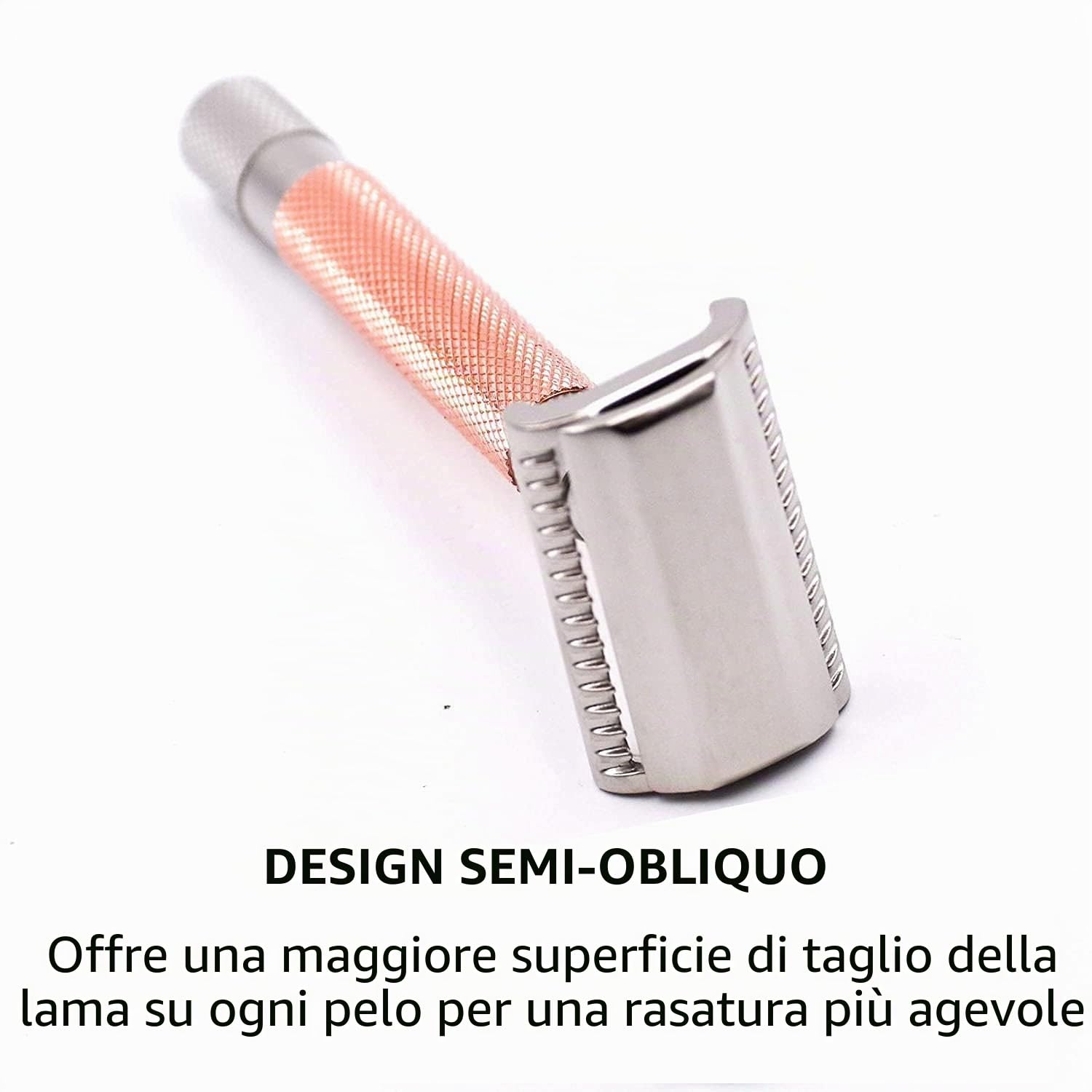 Parker, THE SEMI SLANT, rasoio di sicurezza Double Edge e 5 ricariche per lame Parker - Manico in ottone massiccio placcato oro rosa - Offre una rasatura da barbiere a casa