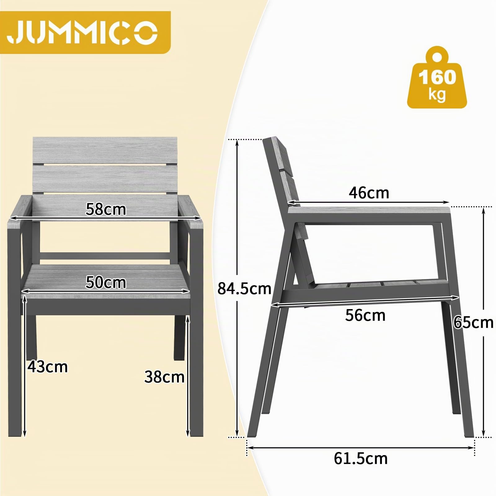 JUMMICO Chaise de Jardin Extérieur en Aluminium Aspect Bois - Antirouille, Facile à Nettoyer et Imputrescible, Charge Maximale 160kg, pour Jardin, Cour, Balcon