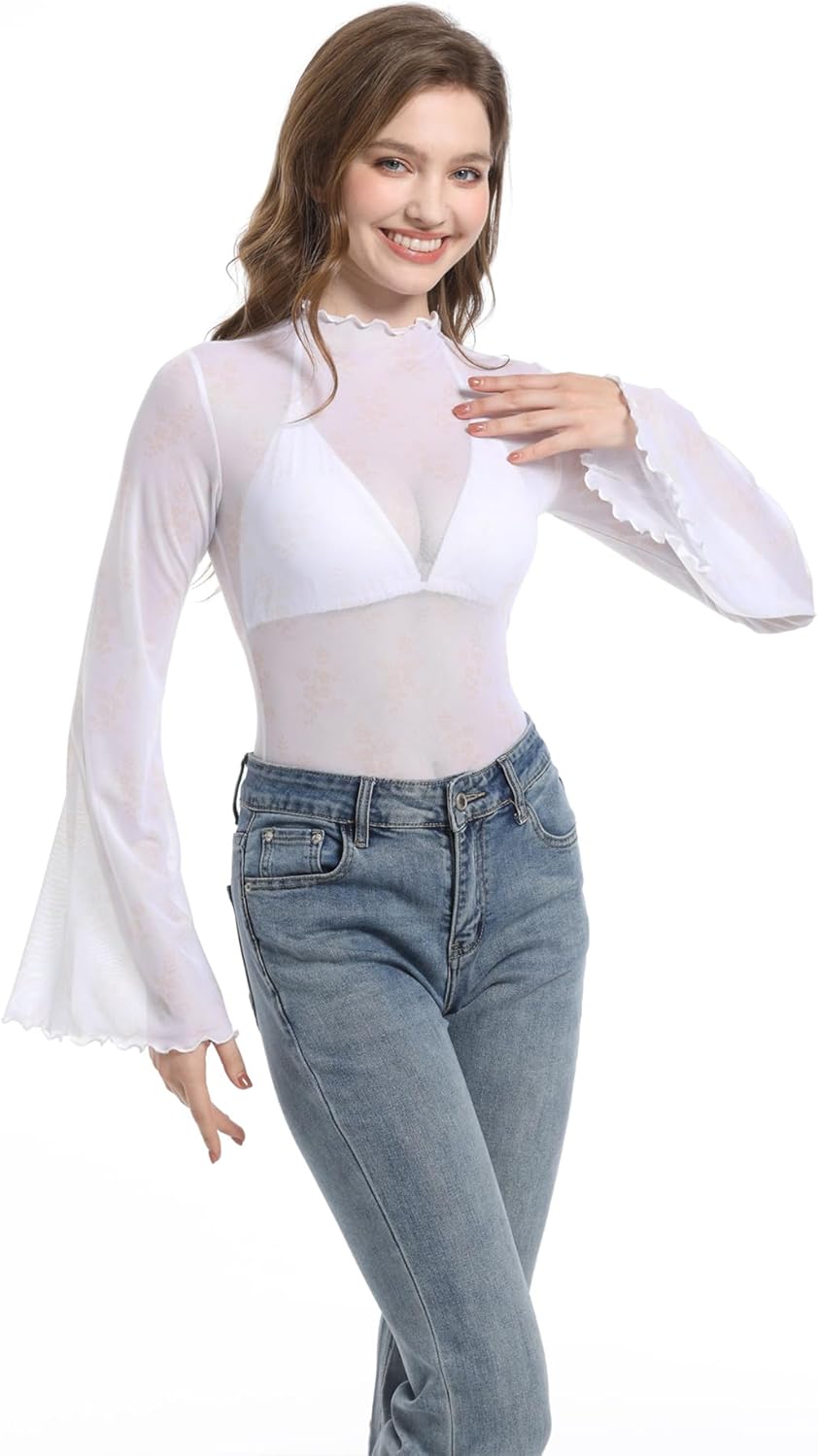Durio 70s Womens Bell Sleeve Top Floral Tops for Women Disco Outfit Mock Neck Tops Semi Sheer Mesh Long Sleeve Top - Image 3