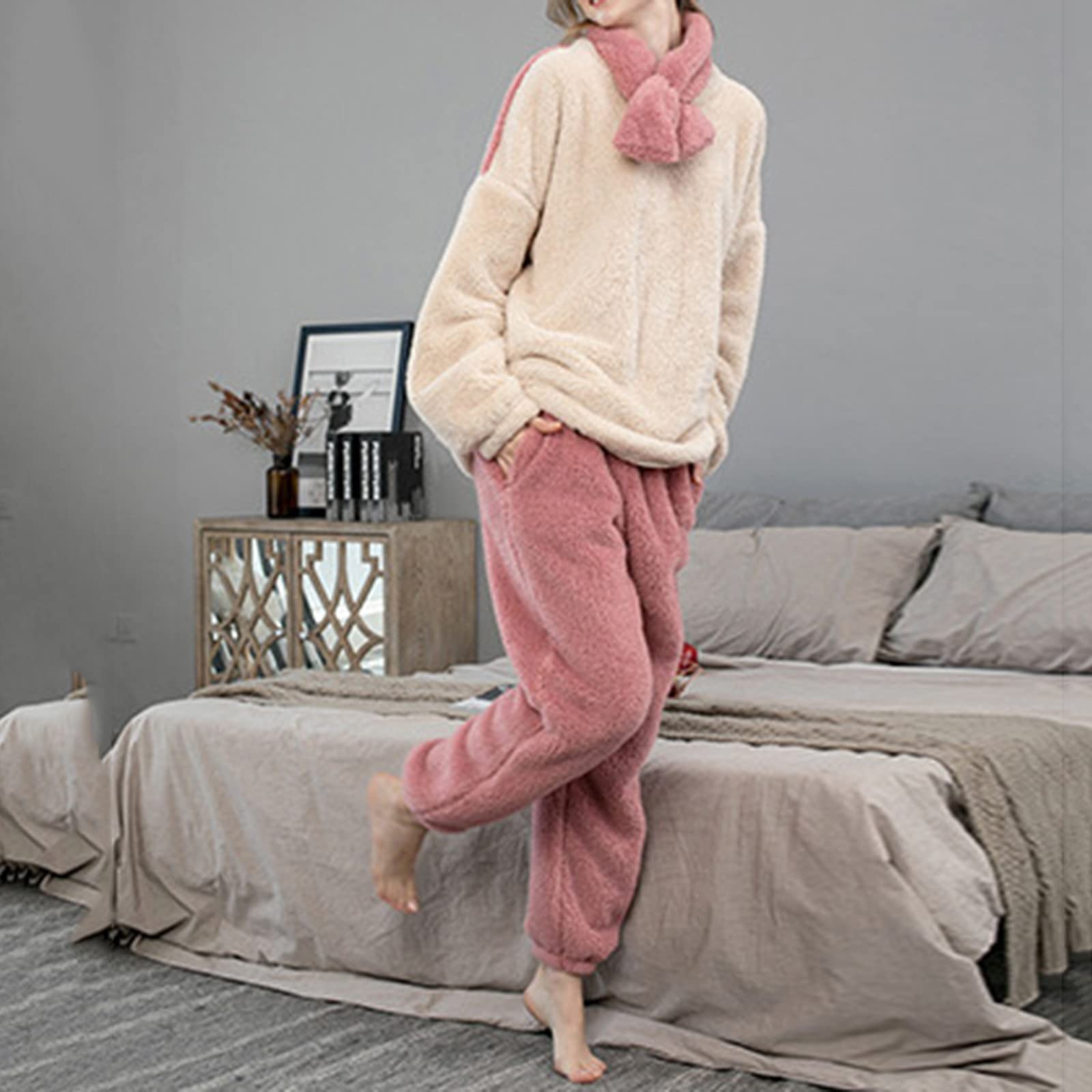 CMBSSTFC Pijamas de invierno para mujer, de forro polar, cálido y acogedor, pijamas térmicos de dos piezas, pantalones largos y camisetas de pijama, traje de jogging, conjunto de pijama de gran tamaño