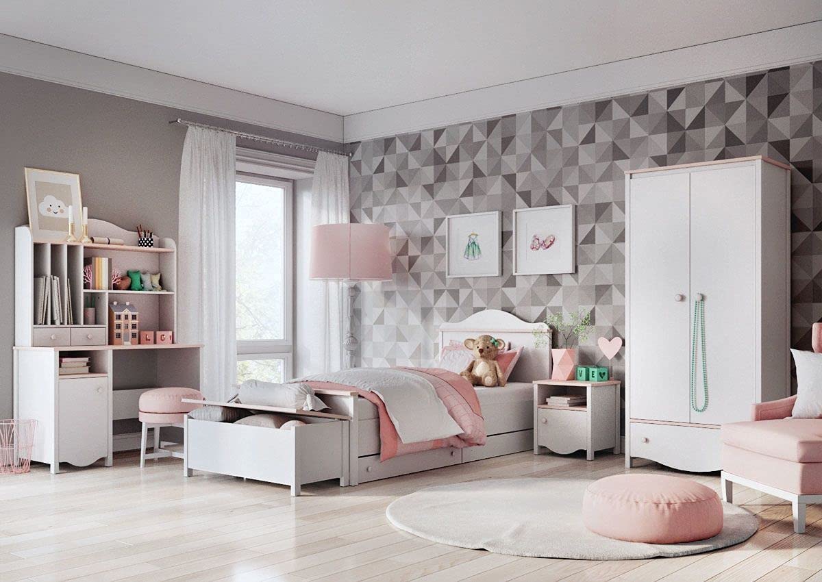 Furniture24 Nachttisch MIA MI07 Nachtschrank Nachtkästchen mit Tür und Schublade Weiß/Rosa Mädchenzimmer Kinderzimmer