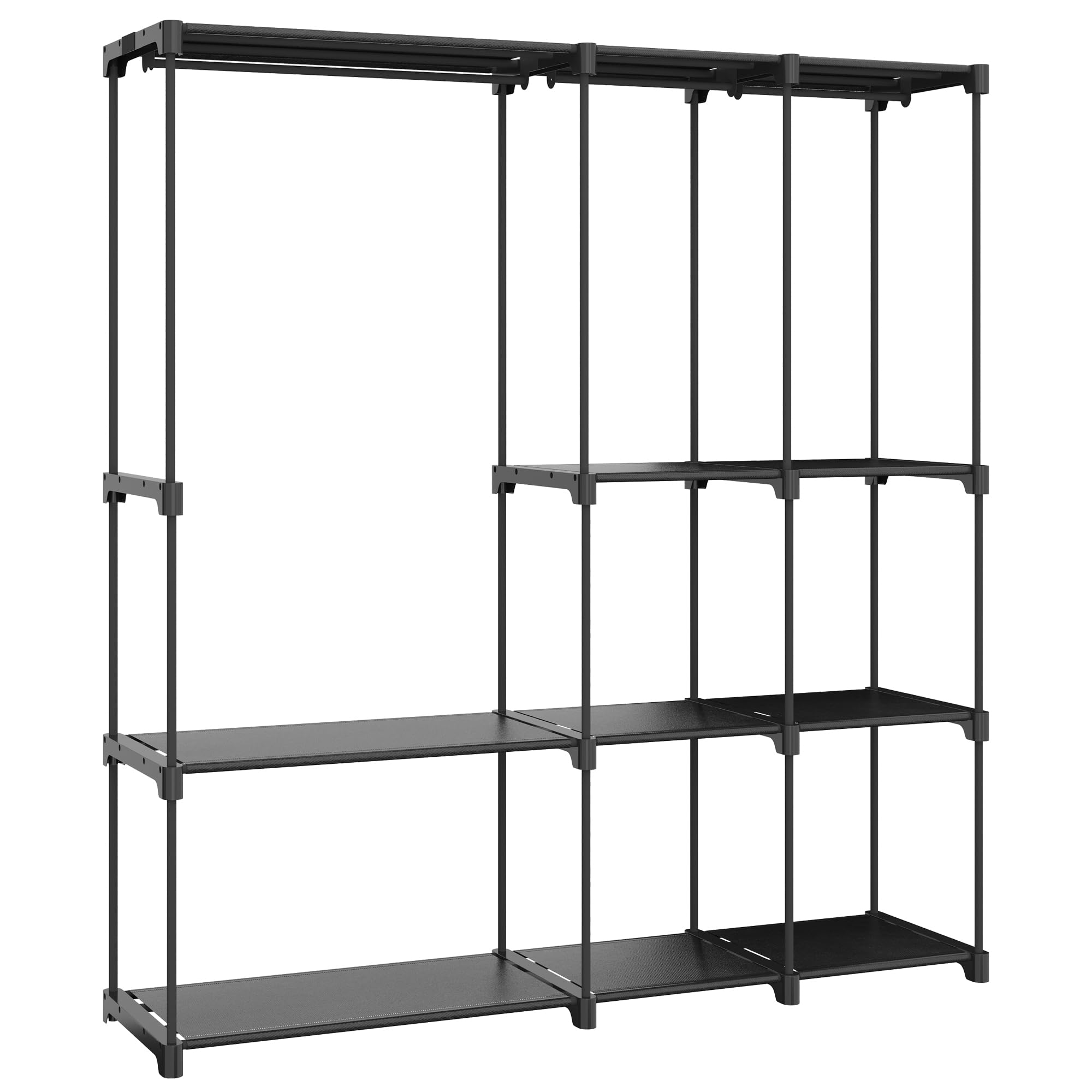 Portable Closet, 62-inch Closet Wardrobe for Bedroom, Freestanding Closet Organizer, 3 Clothes Rail with 8 Compartments Shelves Storage Organizer for Cloakroom, Black WH04033BK