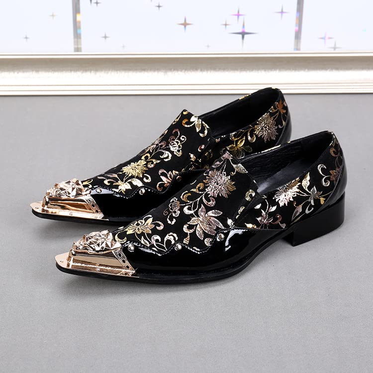 Formal Dress Oxford Shoes for Men Pointed Metal Toe Embroidered Pattern Patent Leather Patchwork Flat Block Heel Slip On for Club Genuine Leather2