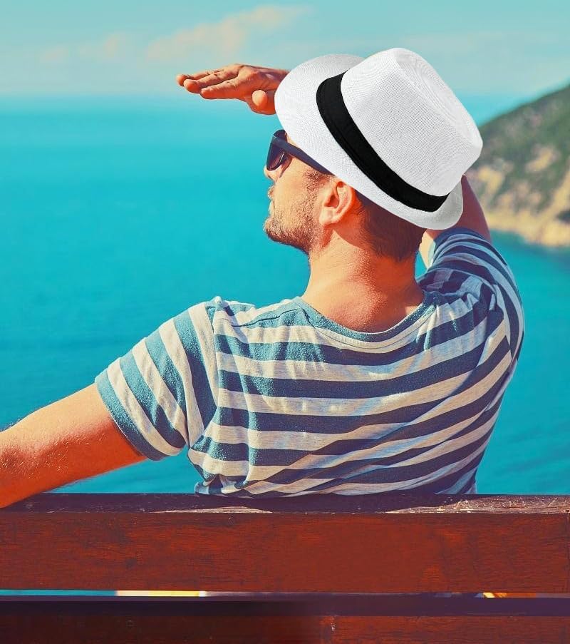 2 Pack Short Brim Fedora Classic 20s Trilby Panama Hats Summer Travel Cap for Men Women - Image 2