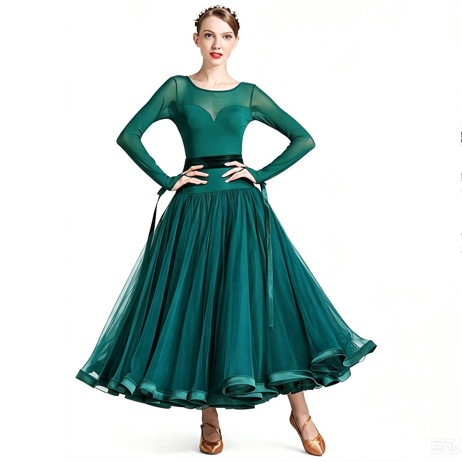 Robe Danse Salon Femme Manches Longues Résille Jupe Tulle Compétition Valse | Robe de danse de salon, Tenue de compétition danse standard, Robe de Compétition Valse Col rond Jupe Grande Volante en Tulle