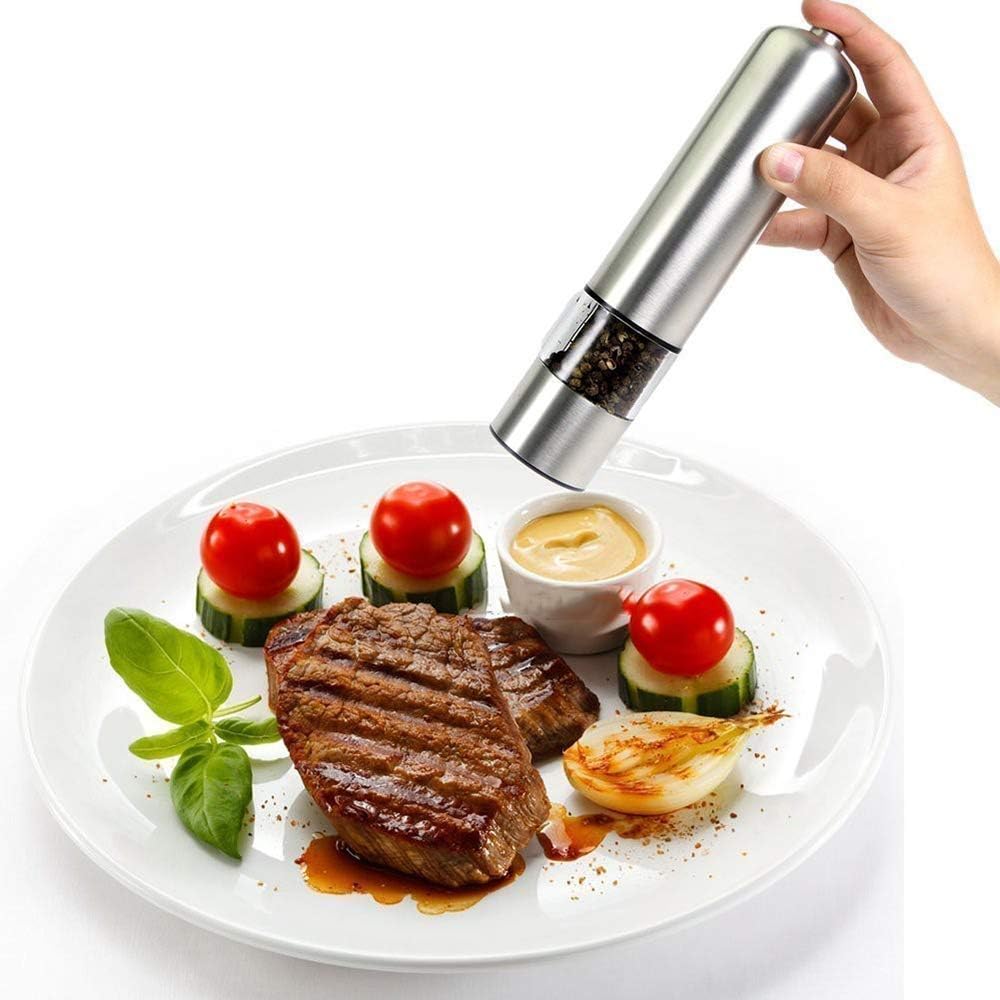 Electric Salt and Pepper Grinders, Battery Operated, Ceramic Grinding Blade, Automatic Stainless Steel Shakers Mills with LED Light and Adjustable Coarseness.