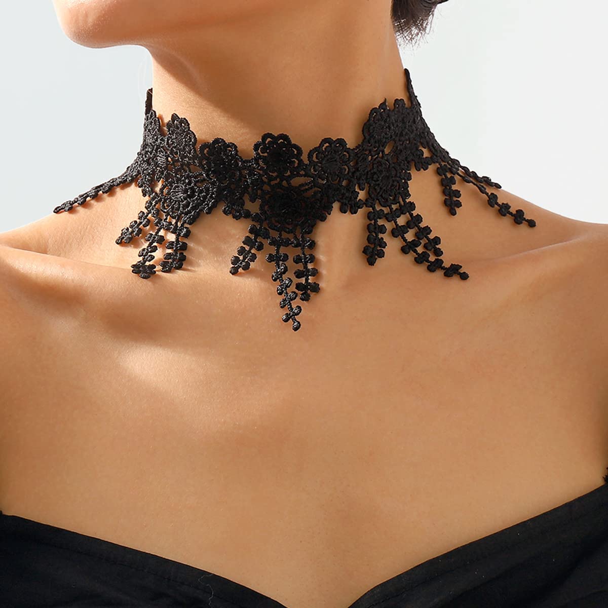 Gothic Lace Flower Choker Necklace Wide Short Collar Necklace Black White Braided Floral Necklace Boho Party Accessory for Women (Black) - Image 2