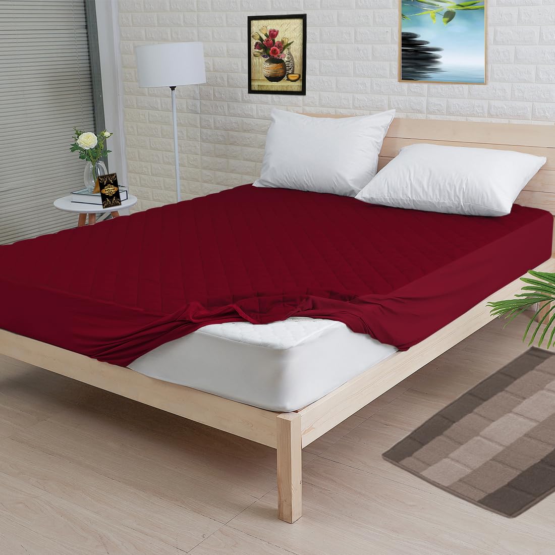 Rich Micro Piece Fabric Quilted Mattress Protector, Waterproof Elastic Fitted Ultra Soft Breathable & Hypoallergenic, 300GSM, 84x84 Inch 7x7 Feet, Wyoning King, Maroon-image-23