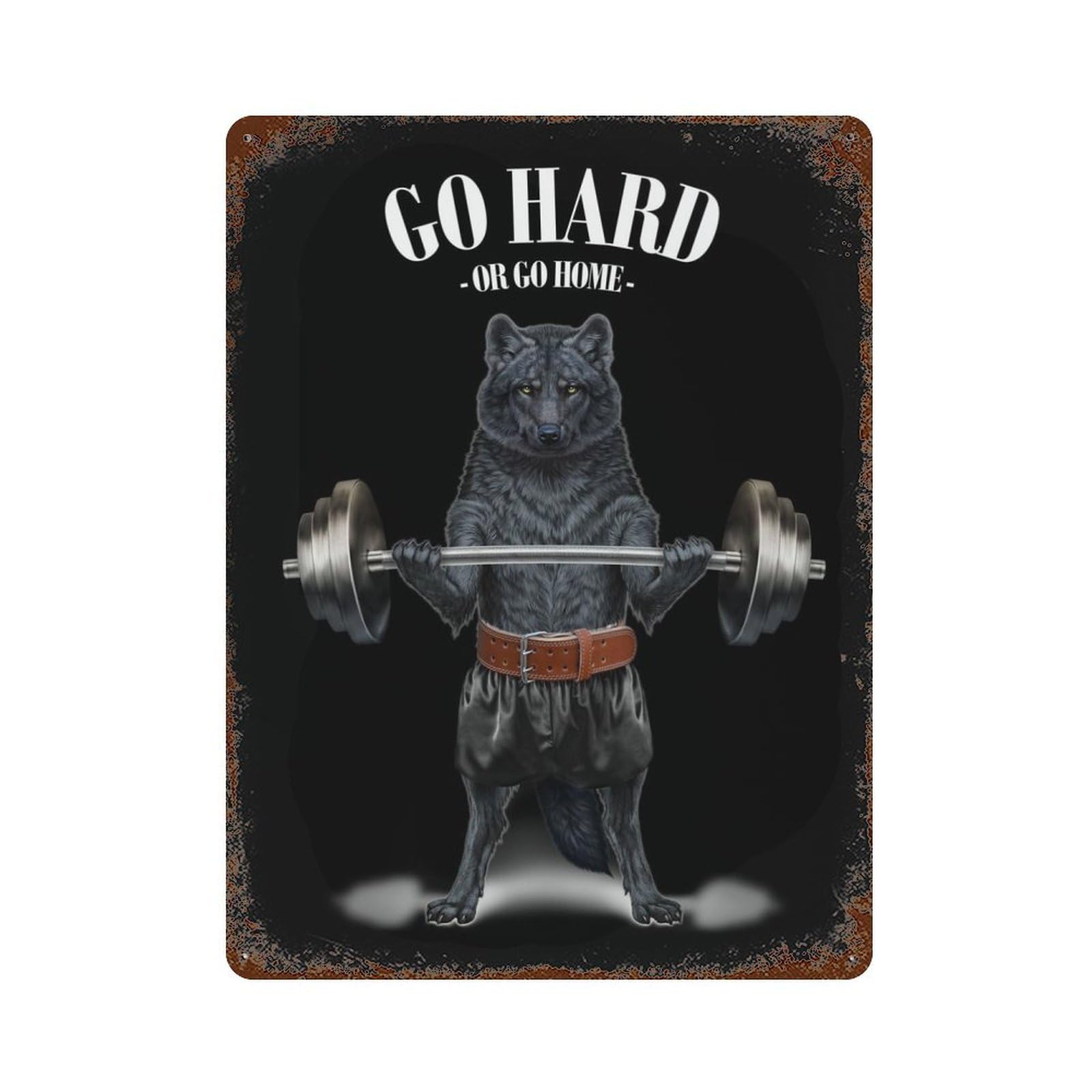Rust Effect Black Wolf Weightlifting Rusty Metal Tin Sign 15.7"x11.8", Old School Wall Decor for Basement, Hobby Room And Garage Decor