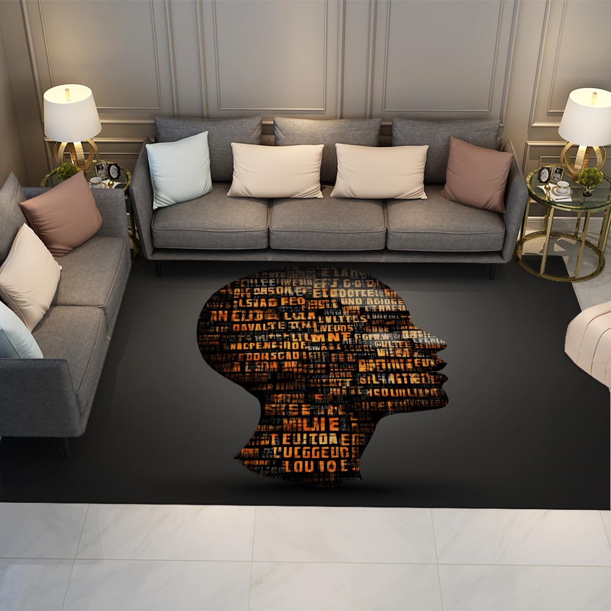 Tapis de bureau contemporain chic avec motif profil humain noir et or