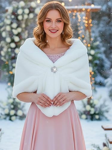 Miniatura 48 de Aukmla Bufanda de piel de boda para mujer con broche de diamantes de imitación para novia y damas de honor A-Marrón