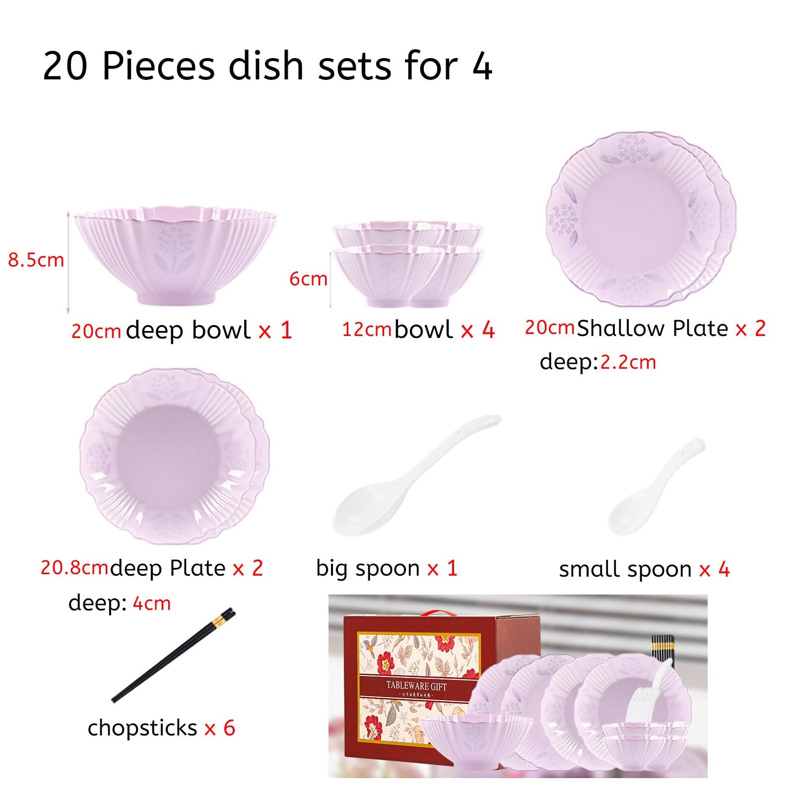 Tafelservice Lila Teller-Set Im Modernen Look Geschirrset 6 Personen Mit Schüssel, Teller, Esslöffel Servierplatte Keramik Unzerbrechliches Spülmaschinen Und Mikrowellenfest Kratzfest(20pcs)
