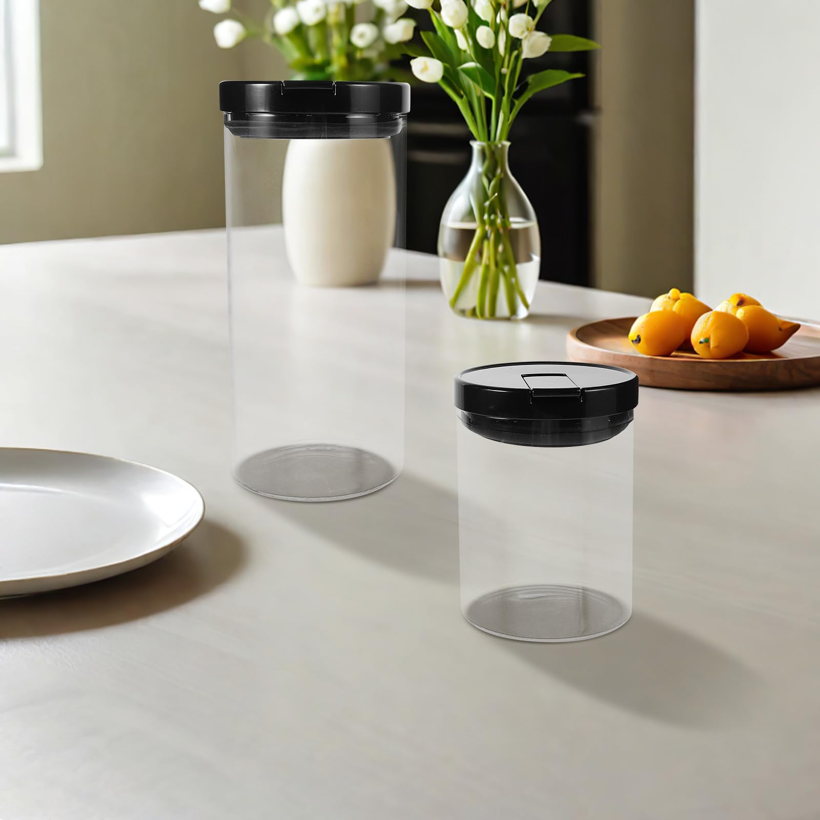 Tarros de Vidrio Herméticos 2 Piezas 700ml y 1200 Ml | Tapa de Plástico Negra, Acabado Transparente Minimalista, Uso en Despensa y Encimera, para Arroz y Granos