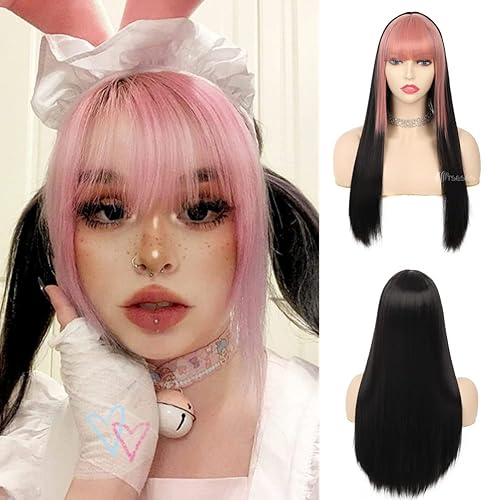 Miniatura 18 de Peluca larga blanca y lacia para mujer con flequillo plano, cabello sintético de aspecto natural, para Halloween, cosplay y uso diario con gorro