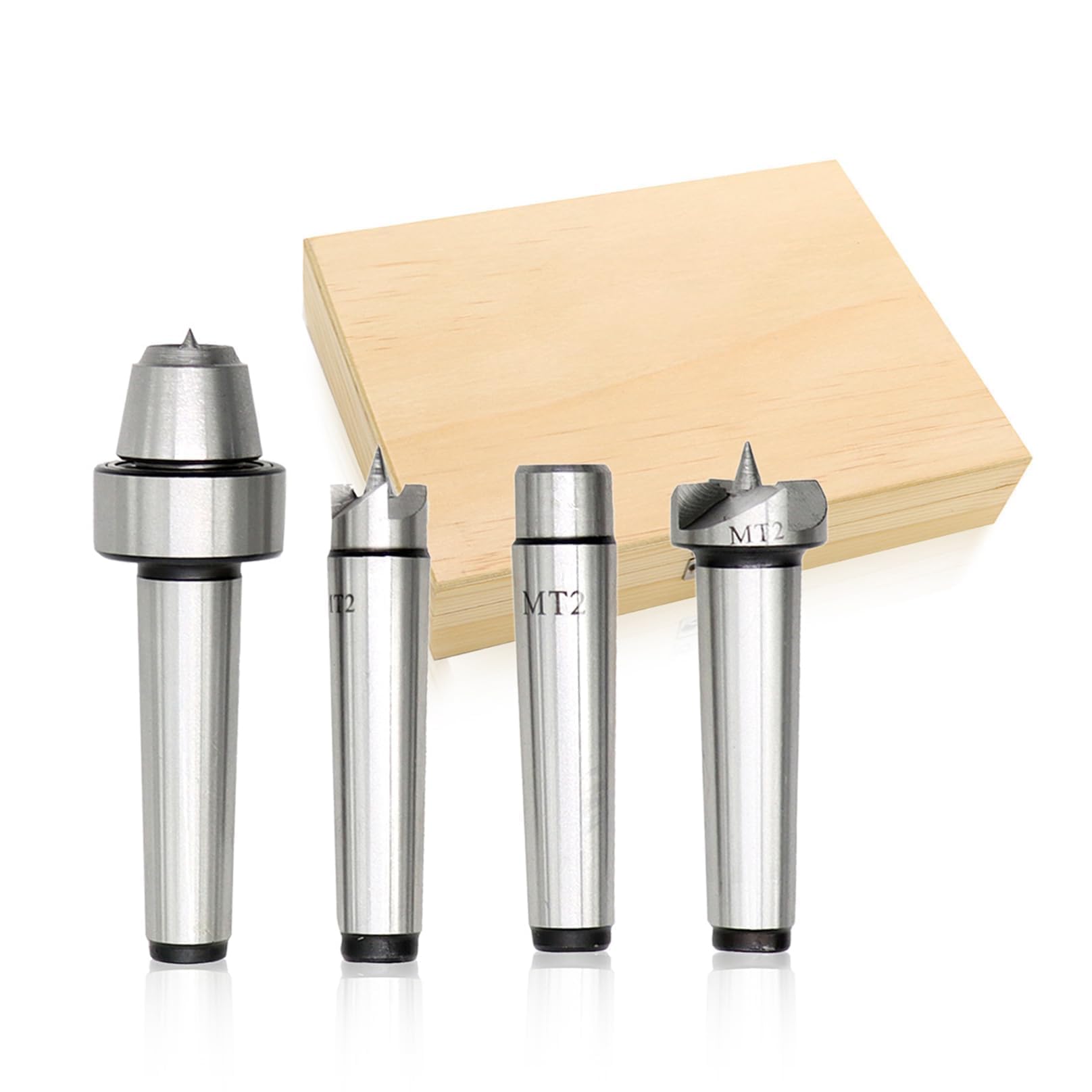 Yunnergo 4Pcs MT2 Wood Lathe Live Center Drive Spur Cup Set with Wooden Box for Wood and Metalworking Lathe