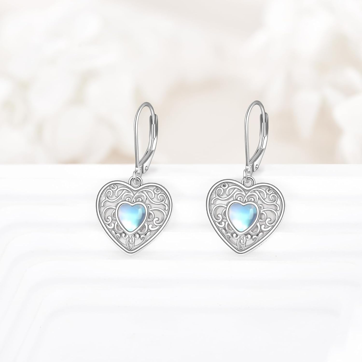 KZX Heart Filigree Earrings 925 Sterling Silver Filigree Dangle Drop Earrings Moonstone Heart Filigree Jewelry Jewelry for Women - Image 3