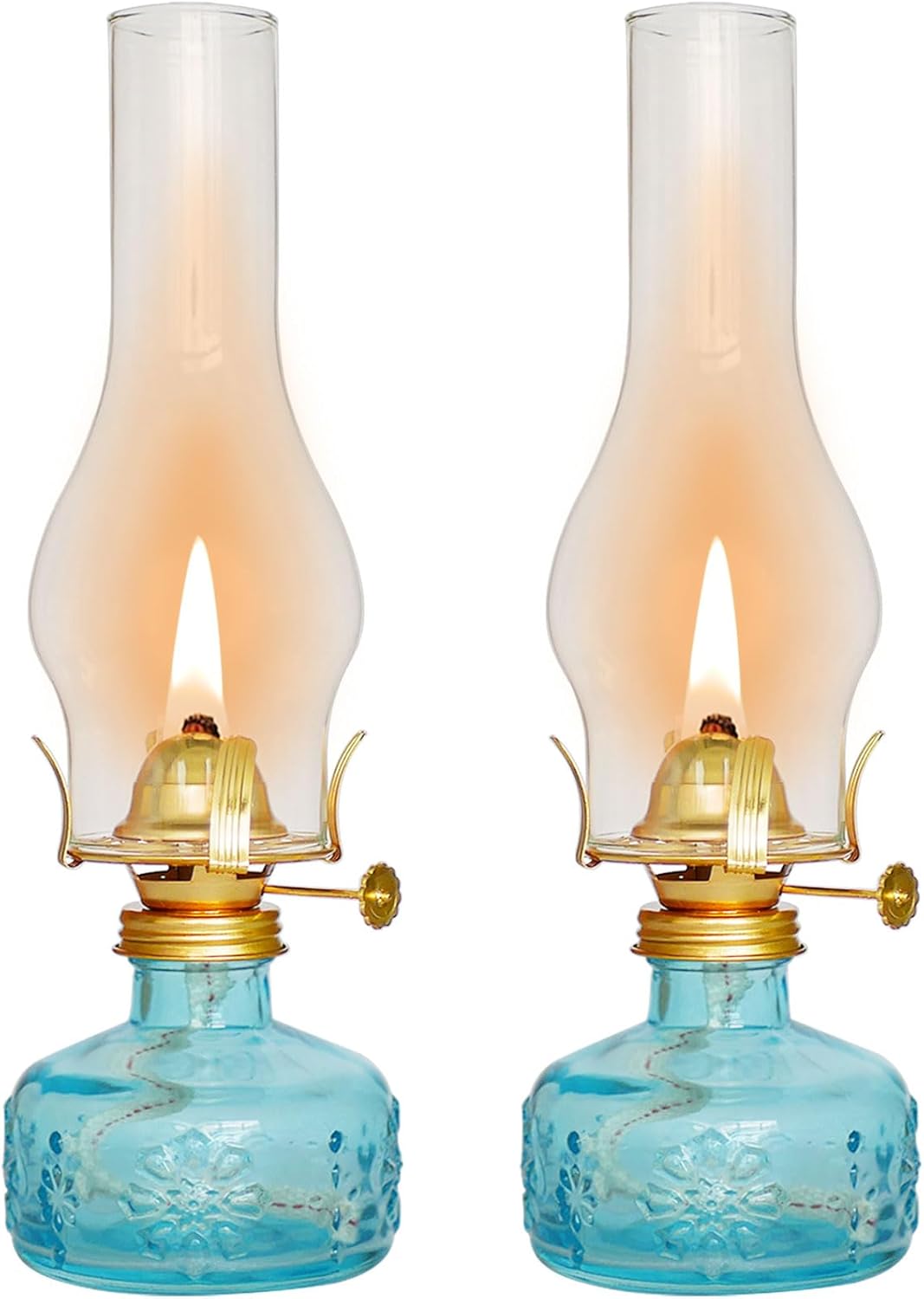 2 Pcs Chamber Oil Lamp Blue Vintage Glass Clear Kerosene Lamp Indoor Decorative Hurricane Lamp Oil Lamps for Indoor Use or Tabletop Decor and Emergency Lighting