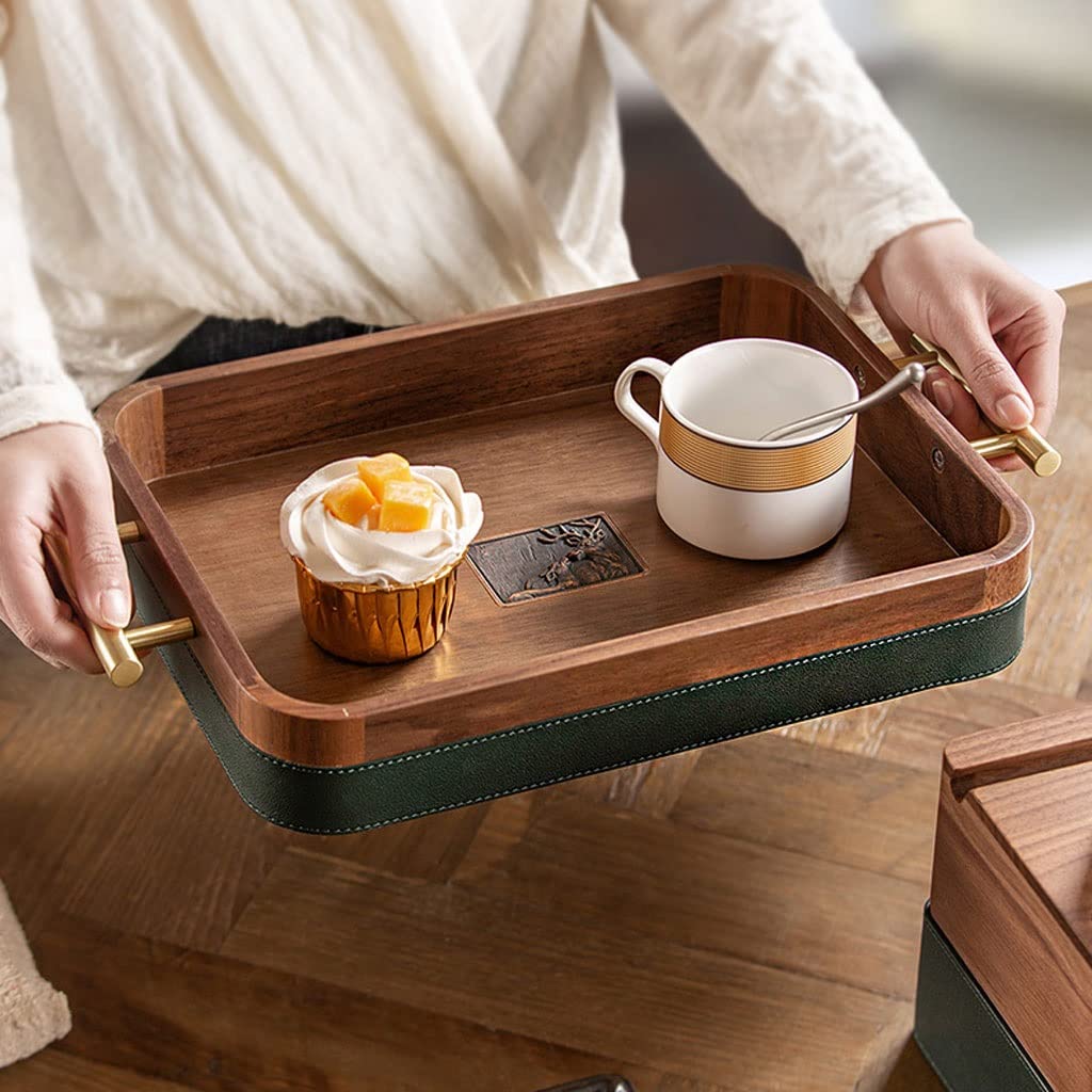 RWRAPS Bandeja de Mesa de Centro Elegante Bandeja de Almacenamiento Bandeja de Nogal Mango Rectangular de latón Fondo Antideslizante de Cuero y Bandeja de Servicio modernaBandeja de Desayuno (Am)