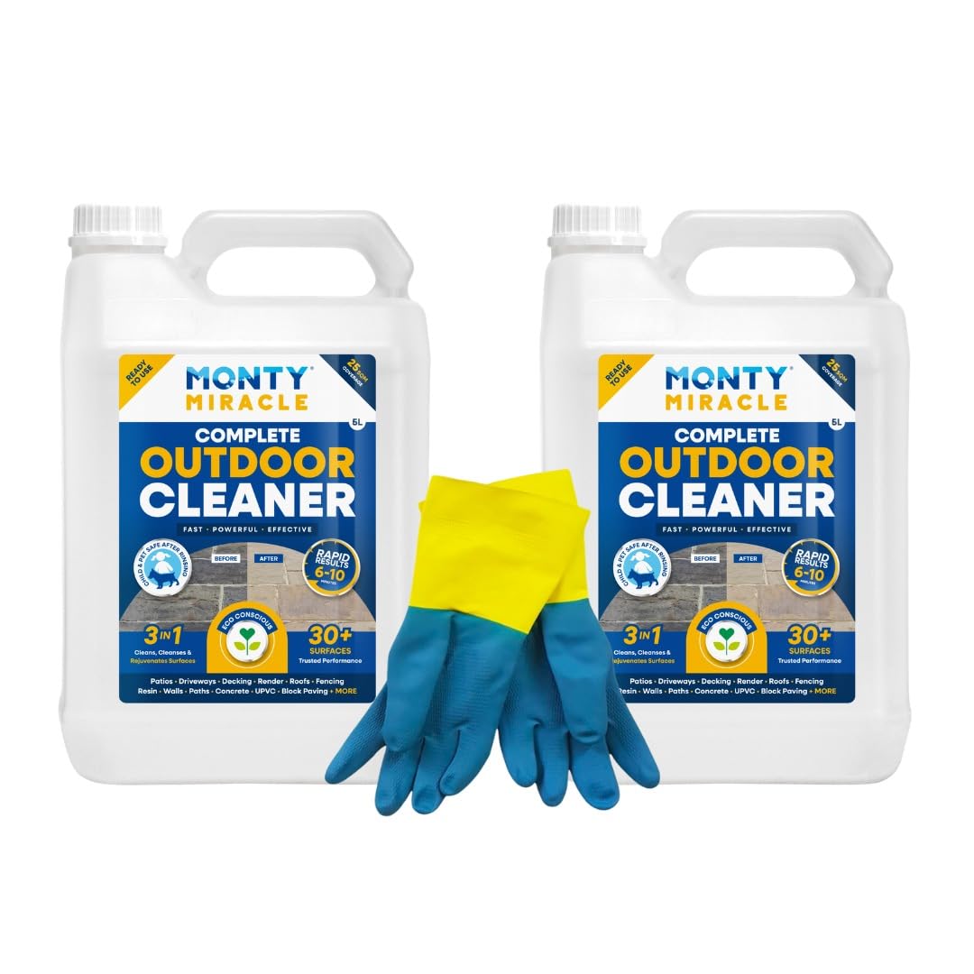 Monty Miracle® Complete Outdoor Cleaner, Clean & Rejuvenate your Patio, Decking, Fencing, Paths, Driveway, Render & More - Results in 6-10 Minutes! Pet & Child Safe (2 x 5L & Gloves)