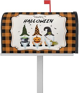 Mailbox Cover Magnetic Pumpkin Gnome Holding Broom Mailbox Covers Standard Size 21x18in,Mailbox Covers Wrap Post Letter Box Cover for Garden Yard Outdoor Decor Happy Halloween Orange Black Plaid