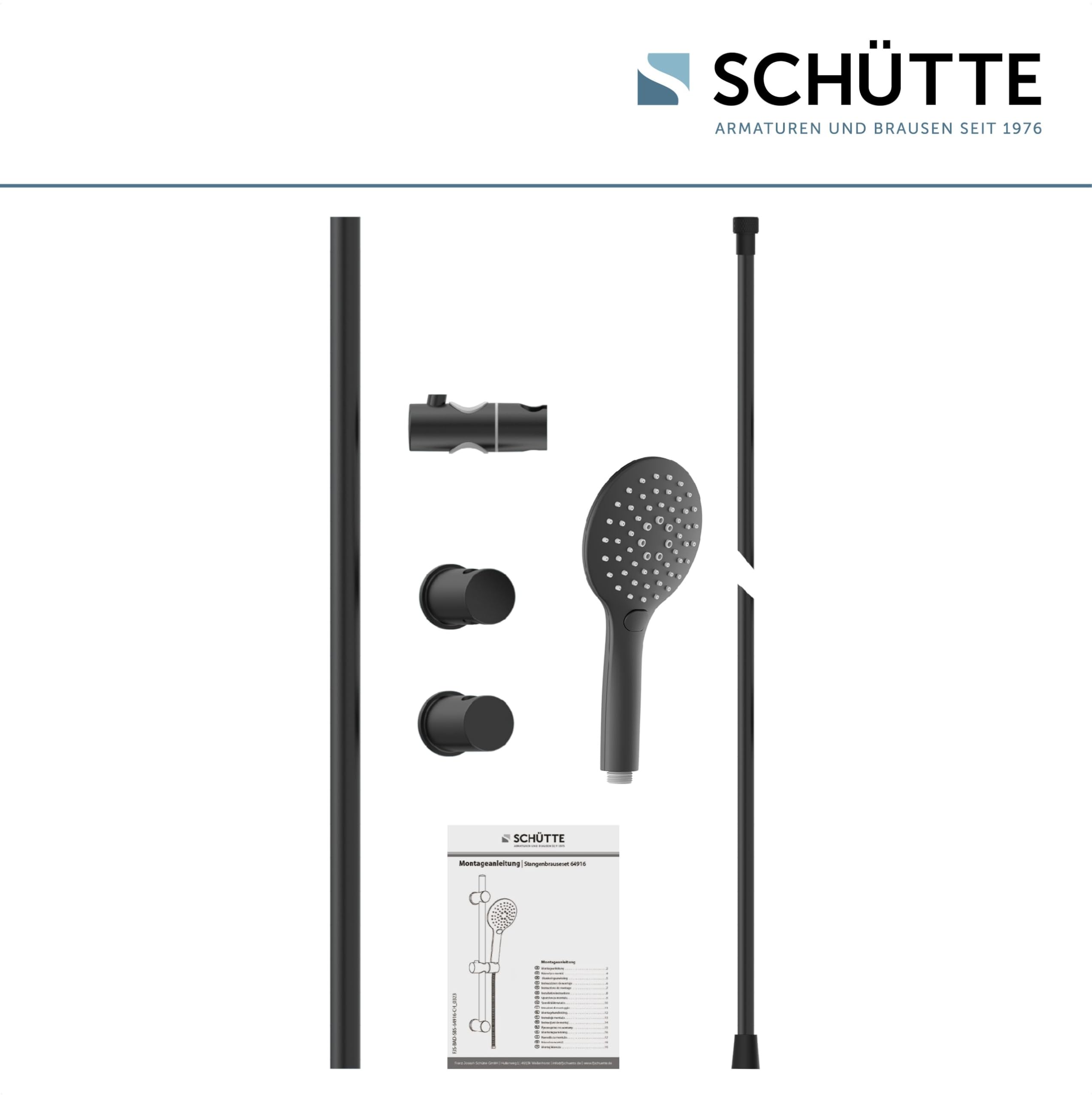SCHÜTTE RAVEN Barre de Douche et Douchette à Main, Pommeau Avec 3 Positions de Réglage, Kit Avec Colonne, Panneau et Tuyau en Noir