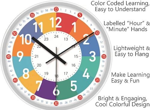 Miniatura 6 de HUYEHF - Reloj analógico para habitación de niños, sala de juegos, decoración de educación en casa, los niños aprenden que el tiempo es fácil, reloj