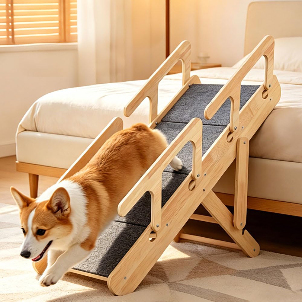 Adjustable Dog Ramp for Bed, Foldable Pet Stairs, Wooden 2-in-1 Pet Ramp with Non-Slip Carpet & Side Rails, Convertible Dog Steps for Small, Medium & Senior Dogs, Under Bed Storage