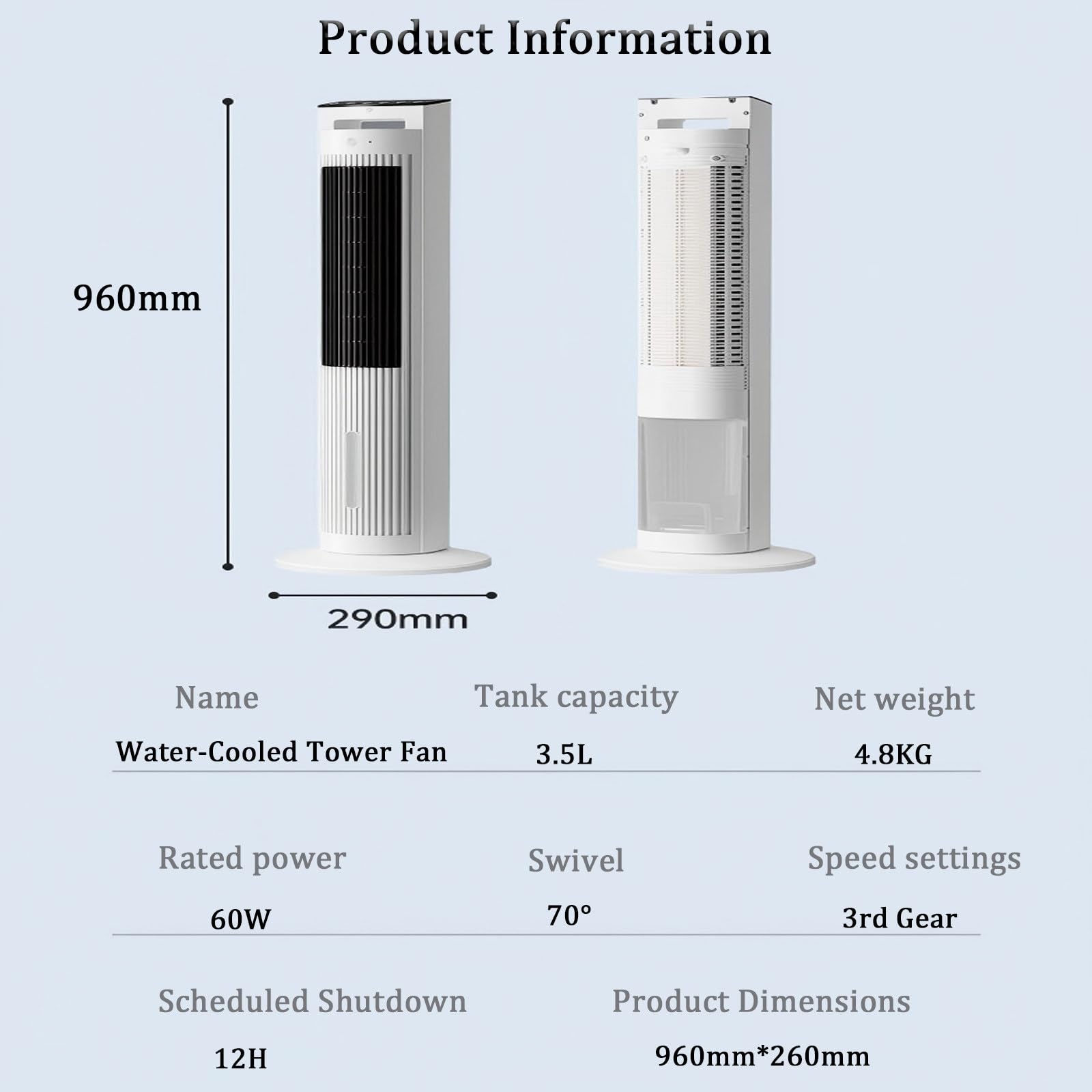 Ventilador de torre sin aspas 4 en 1, con oscilación y 3 velocidades | oscilación automática de 70°, humidificador y generador de iones negativos integrados, mando a distancia táctil