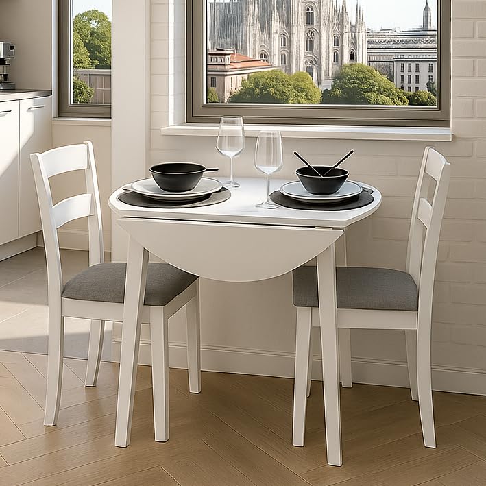 Homely - Conjunto de Comedor Dallas White | Mesa de Cocina Redonda Extensible de 90 cm (17,5/55 / 17,5) cm. | Mesa con 2 alas abatibles | 2 sillas de Cocina/Comedor de Madera Lacado en Blanco