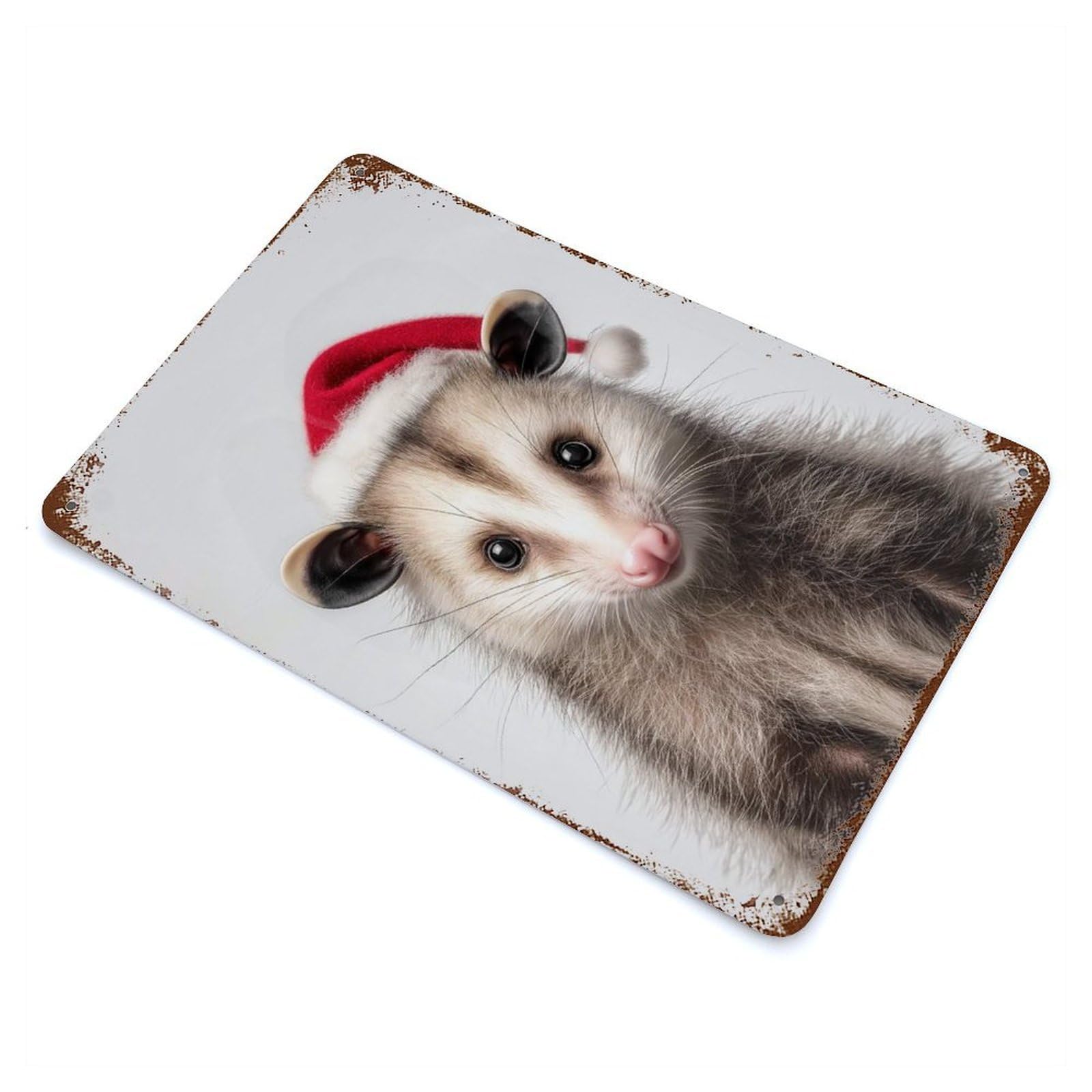 Rusty Metal Tin Sign Christmas Opossum Portrait 11.8"x7.9", Industrial Home Decor for Patio, Garden Room And Bar Decor