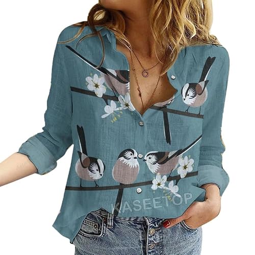 kewing Bird 3D Printed Casual Long Sleeve Shirt Loose Button Lapel Shirts Women Oversized Vintage Blouse Tops
