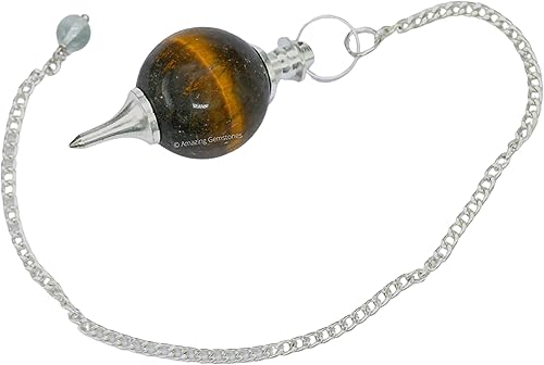 Vista 3 de Amazing Gemstone Péndulo de bola de cristal de ojo de tigre para adivinación, collar de péndulo de radiestesia con cadena y cuentas de cuarzo