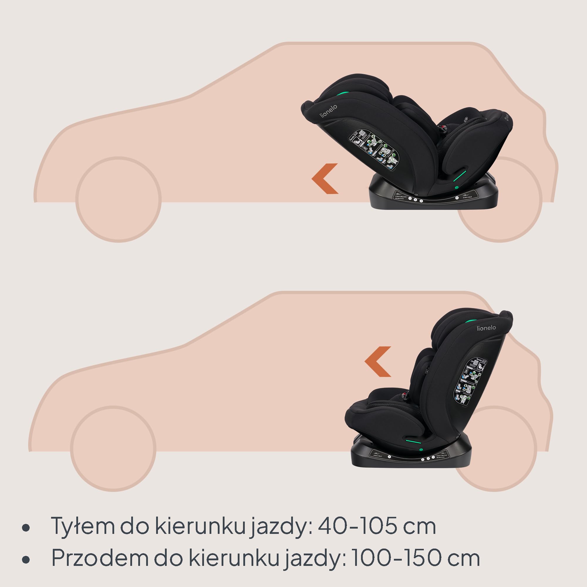 LIONELO Fotelik samochodowy dla niemowląt AART i-Size dla dzieci od urodzenia 40 do 150 cm 0-36 kg skierowany do przodu i do tyłu, uniwersalne dopasowanie, 13 poziomów regulowany zagłówek, leżący
