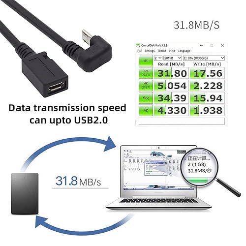 Miniatura 5 de xiwai Micro USB 2.0 hembra a macho 5Pin opuesto en forma de U hacia atrás tipo ángulo cable de extensión de datos para teléfono portátil 0.3M