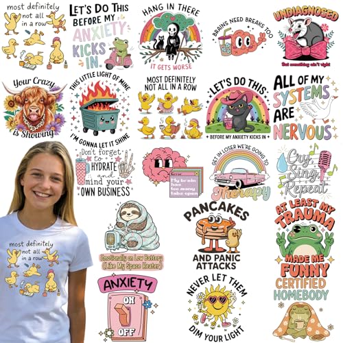 Dazoratix Funny Iron on Transfers - 20 Sheets Mental Health DTF Ready to Press Therapy Emotional Support Heat Patches Stickers Vinyl Decals for T Shirts Clothing Pillow Bag Hat DIY Crafts Decorations