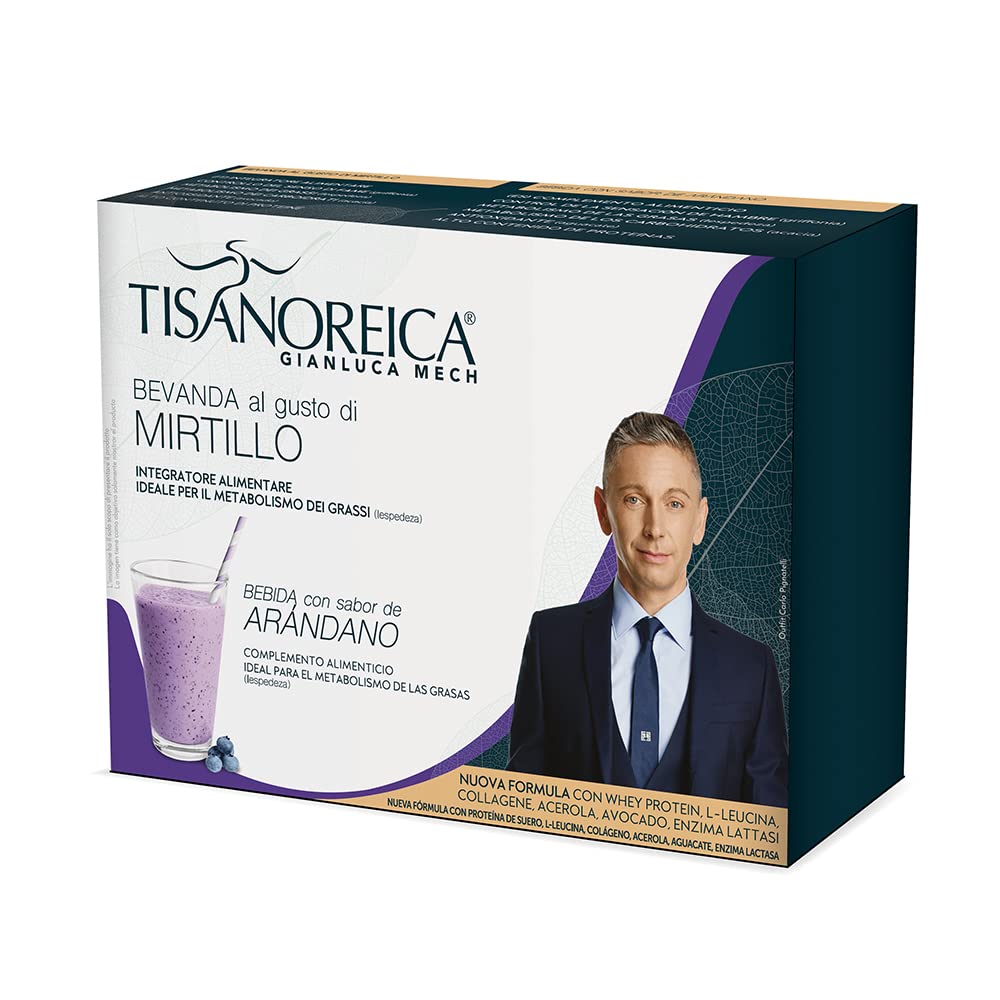 Gianluca Mech | Tisanoreica Bevanda Proteica al Gusto di Mirtillo, 4 x 28g Integratore Alimentare Keto, Supporto Muscolare, 347kcal per 100g