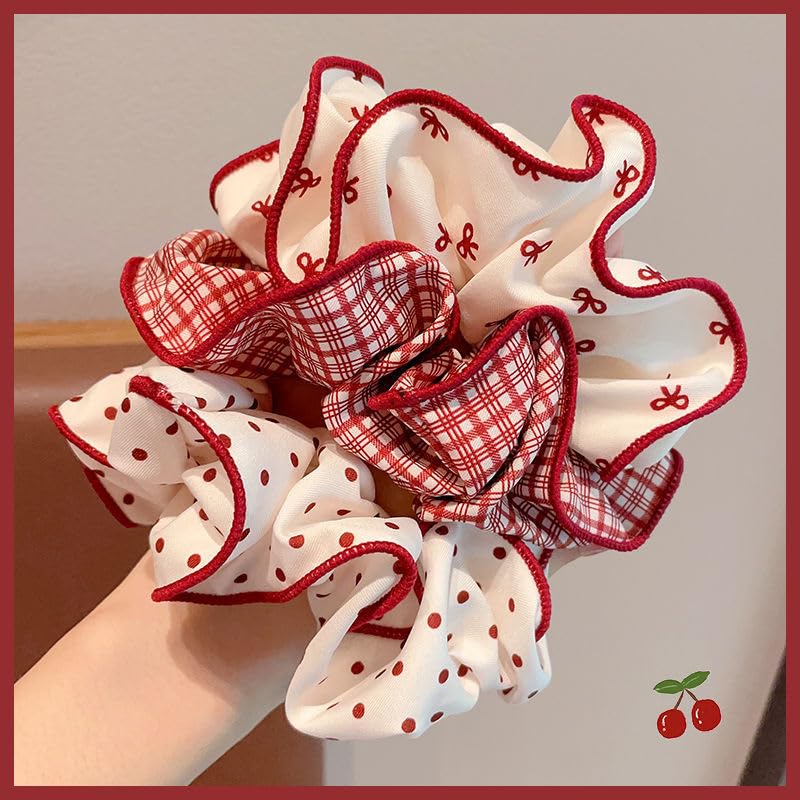 TUCEWP Scrunchies for Women Girls 3Pcs Red Polka Dot Bow Plaid Print Scrunchies for Long Thick Hair Soft Hair Bands Cute Sweet Ponytail Holders No Damage Elastic Hair Ties Christmas Hair Accessories