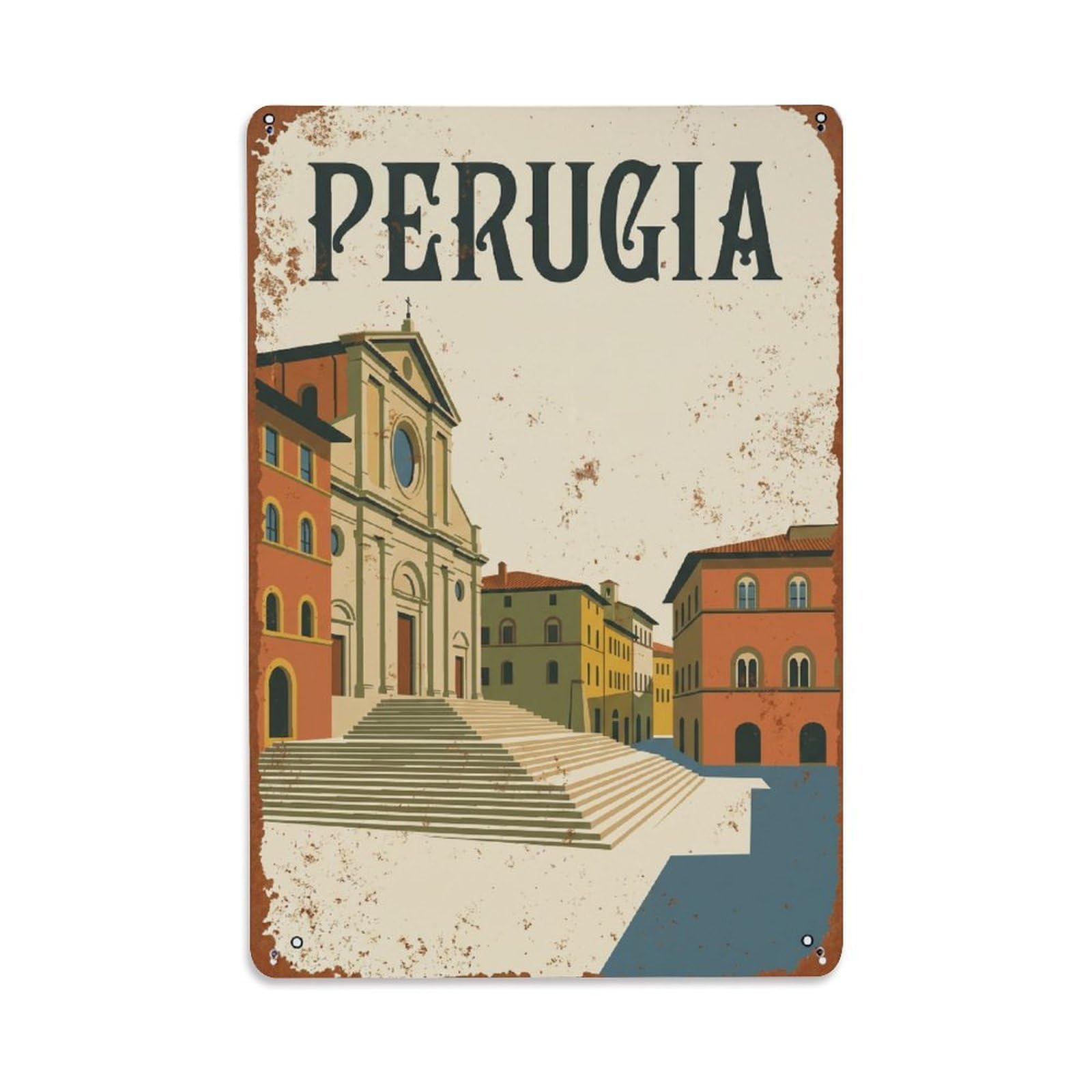 Vintage Travel Perugia Piazza Danti Italy Metal Tin Sign Plaque Wall Decor for Cafe, Club Bar, Office, Home Garden Metal Poster 8x12Inch
