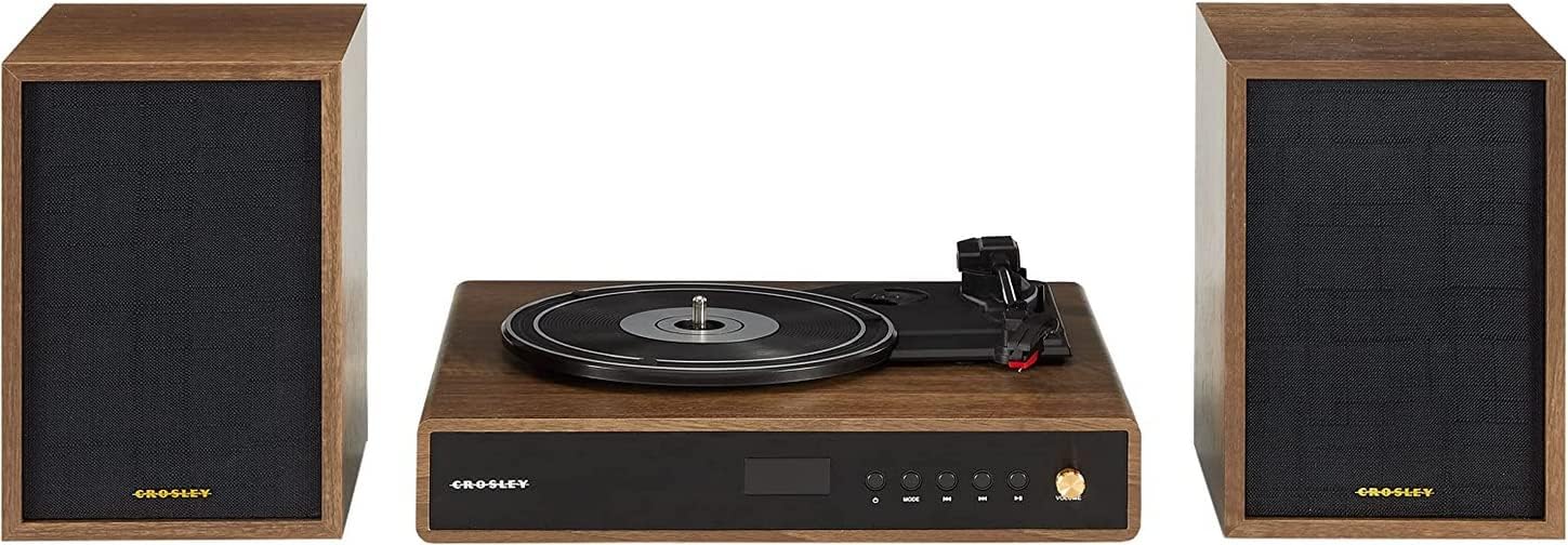 Crosley CR7019A-WA Alto 3-Speed Turntable Shelf System with Bluetooth, FM Radio, and Matching Stereo Speakers, Walnut