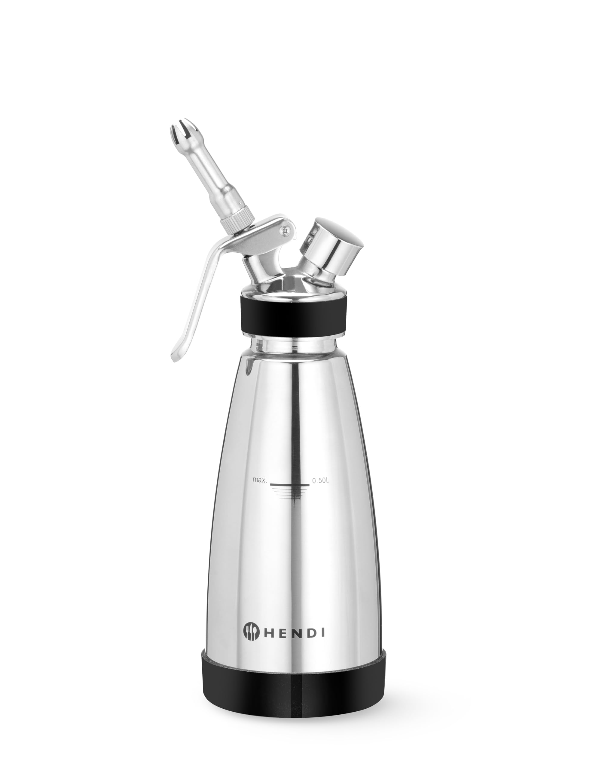 HENDI Sifone da cucina a doppia parete – 0,5L – Per panna montata, mousse, salse calde e fredde – 3 beccucci, spazzolino per la pulizia – ø95x(H)275mm – Acciaio inox
