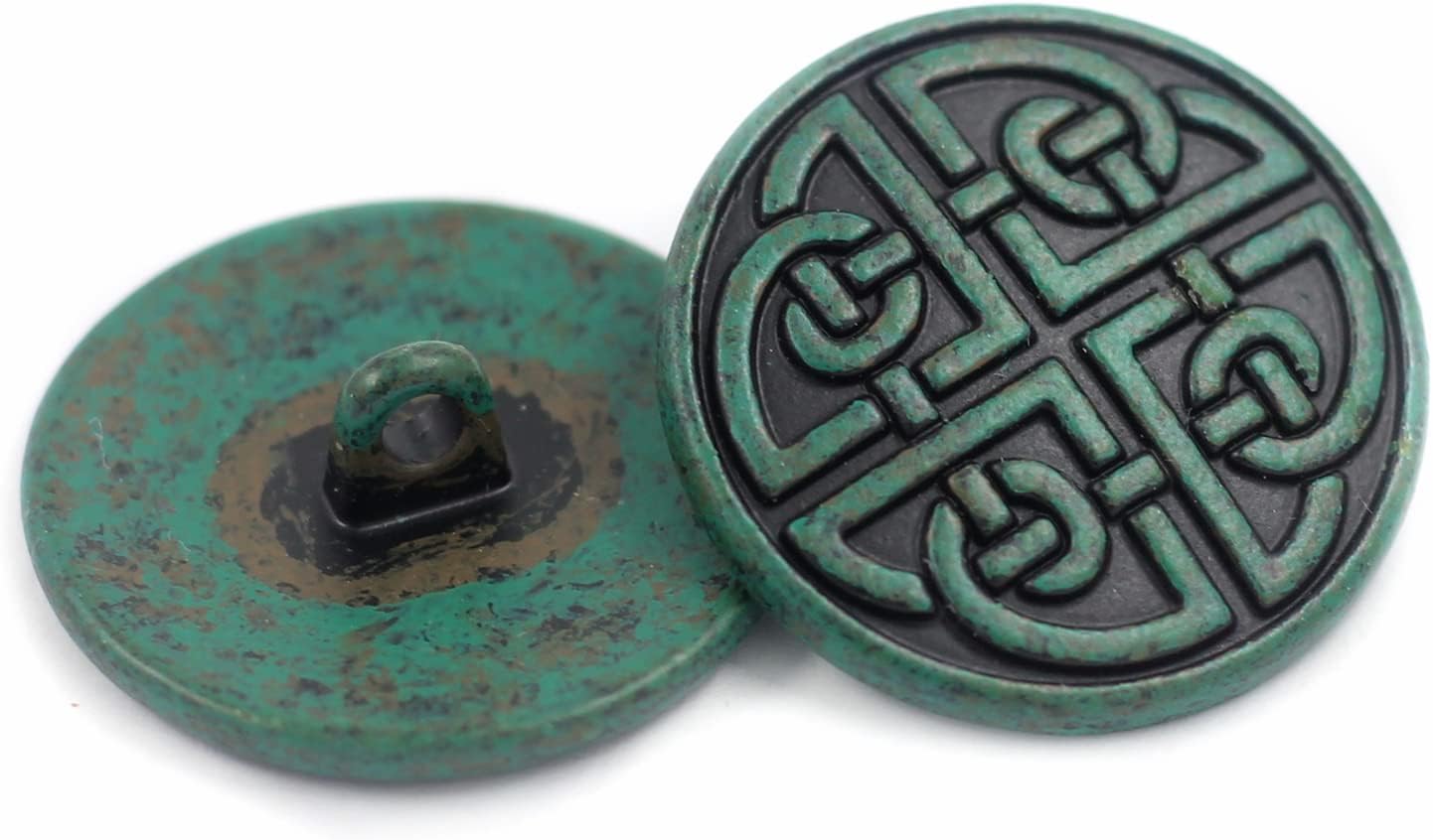 Bezelry 10 Pieces Celtic Shield Knot Metal Shank Buttons. 25mm (1 inch) (Green Black Patina Varnished)