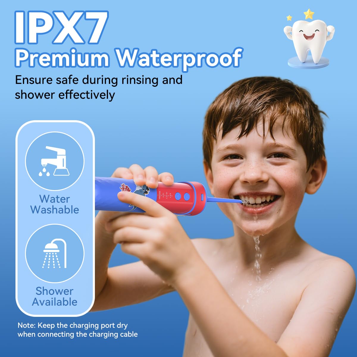 JTF Hydropulseur dentaire pour enfants : Irrigateur buccal portable rechargeable avec 4 modes de fil dentaire, réservoir de 230 ml, 4 embouts de sac de voyage, autocollants étanches, fils dentaires