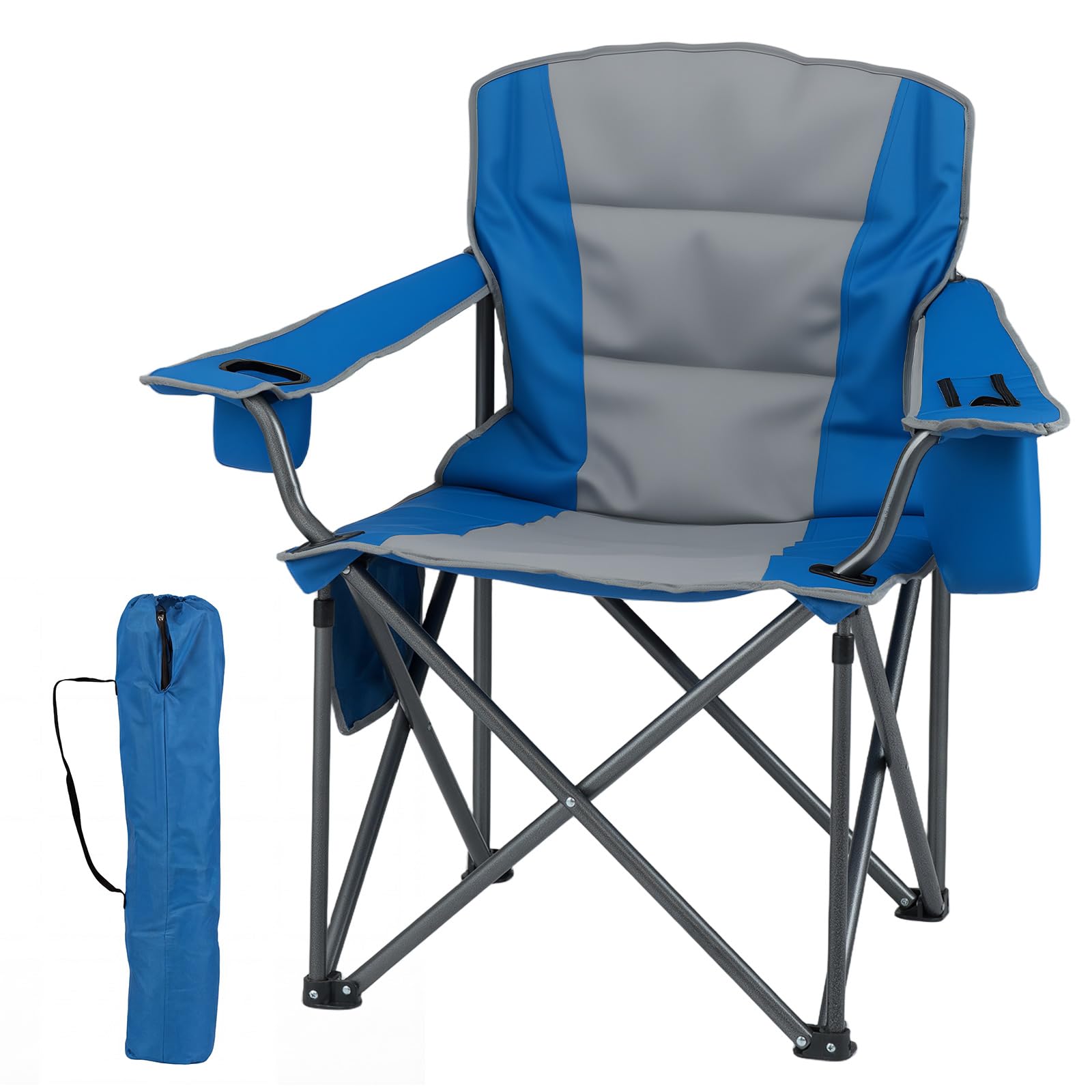 COSTWAY 180kg Oversized Camping Chair, Portable Folding Chair with Carrying Bag, Zippered Cooler Pouch, Cup Holder and Side Storage Pocket, Outdoor Padded Lawn Chair for Fishing & Picnics (Blue+Grey)