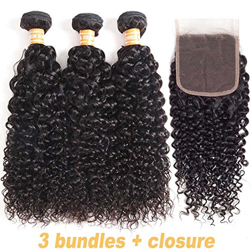 VTAOZI Hair Brazilian Virgin Curly Hair 3 Bundles with Lace Closure Free Part 100% Unprocessed Brazilian Kinky Curly Human Hair Bundles with 4x4 Lace Closure Natural Color (16 18 20 + 14 Free Part)