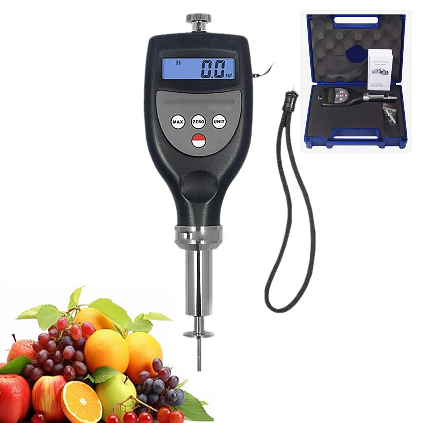 Probador de dureza de frutas, probador de maduración de alta precisión, rango de medición de 0,5 a 15,0 kg/cm², diámetro de sonda de 3,5 mm, profundidad de inserción de 10 mm, ideal para peras