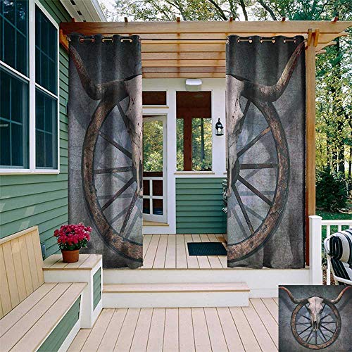 leinuoyi Barn Wood Wagon Wheel, Outdoor Curtain Kit, Wild West Themed Design with Bull Skull on Cart Wheel Scratched Wall, Set for Patio Waterproof W72 x L96 Inch Multicolor