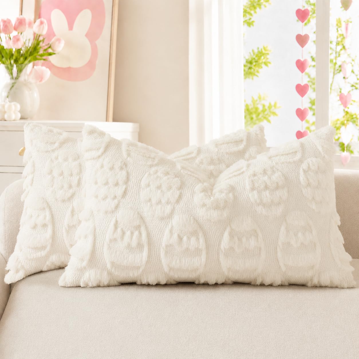 decorUhome Cream White Faux Fur Egg Throw Pillow Covers 12x20 Set of 2