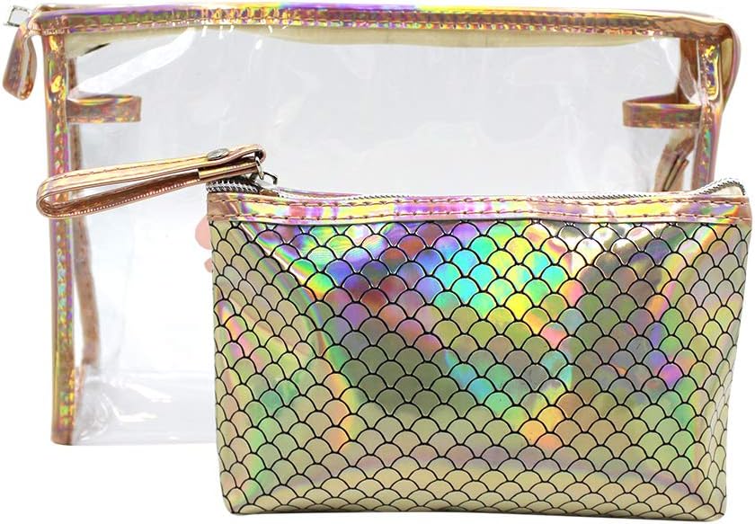 2 in 1 Clear Mermaid Fish Scale Makeup Bag Travel Accessories Cosmetic Pouch Pen Pencil Case Toiletry Wash Bag