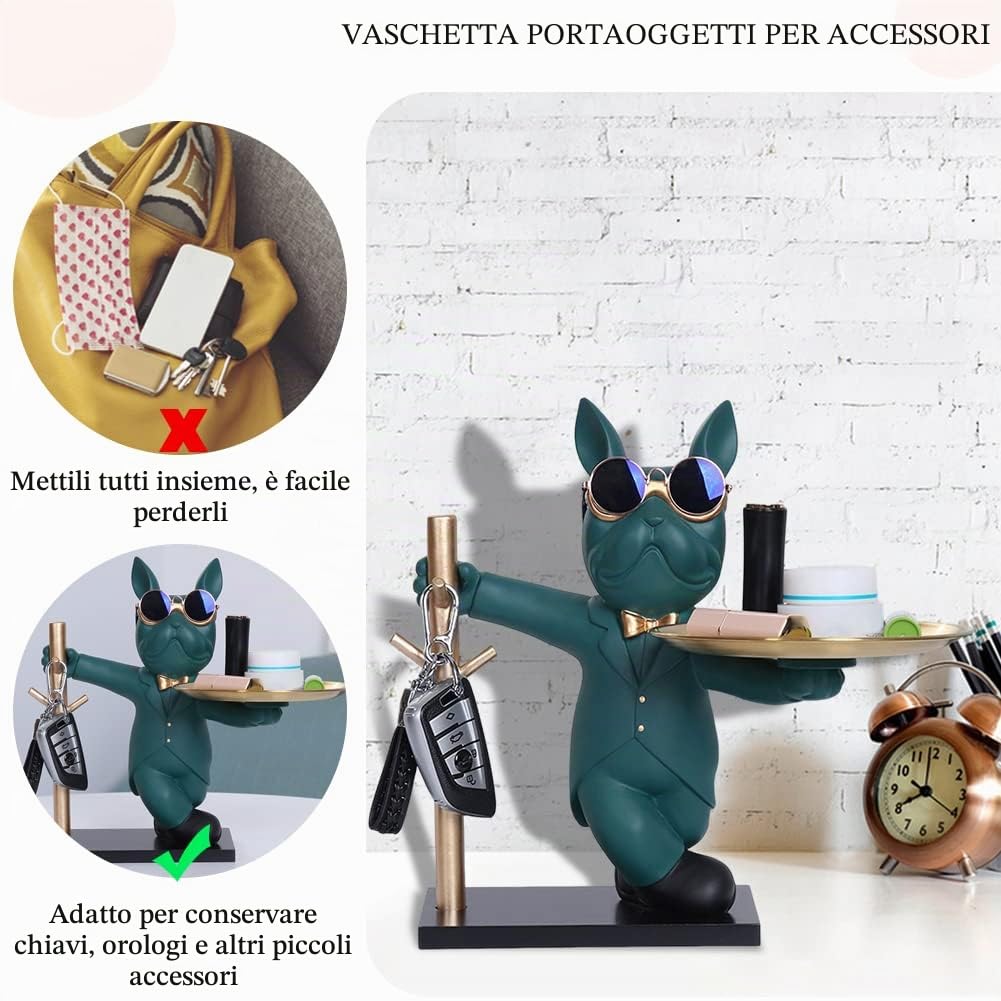 Statua Bulldog Vassoio, Design Svuotatasche Ingresso, Ciotola per Chiavi, Scultura Portaoggetti Ingresso (B-verde)