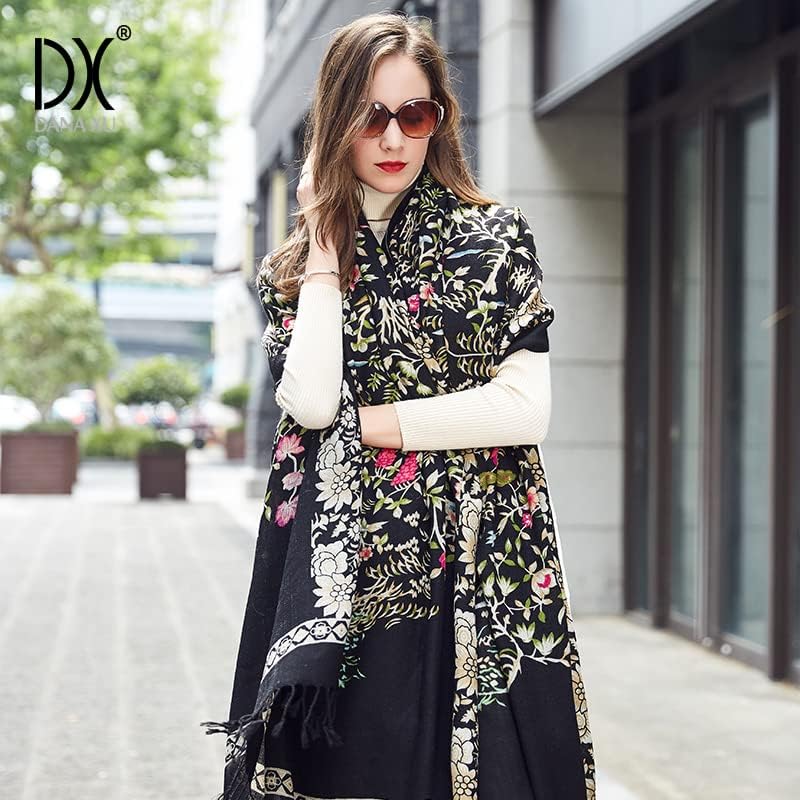 DANA XU 100% Merino Wool Extra Large Pashmina Blanket Travel Scarf Cashmere Wrap for Women Fall Winter Oversize Shawl Floral - Image 7